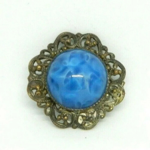 Vintage Satin Glass Brooch Blue Swirl Early Clasp - Picture 1 of 4